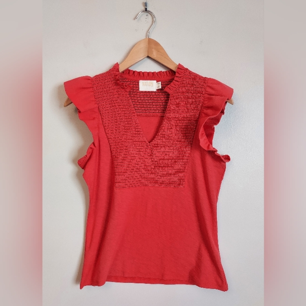 Nation LTD Habida Rouge Red Smocked Flutter Sleeve Top Size Small - Picture 2 of 11